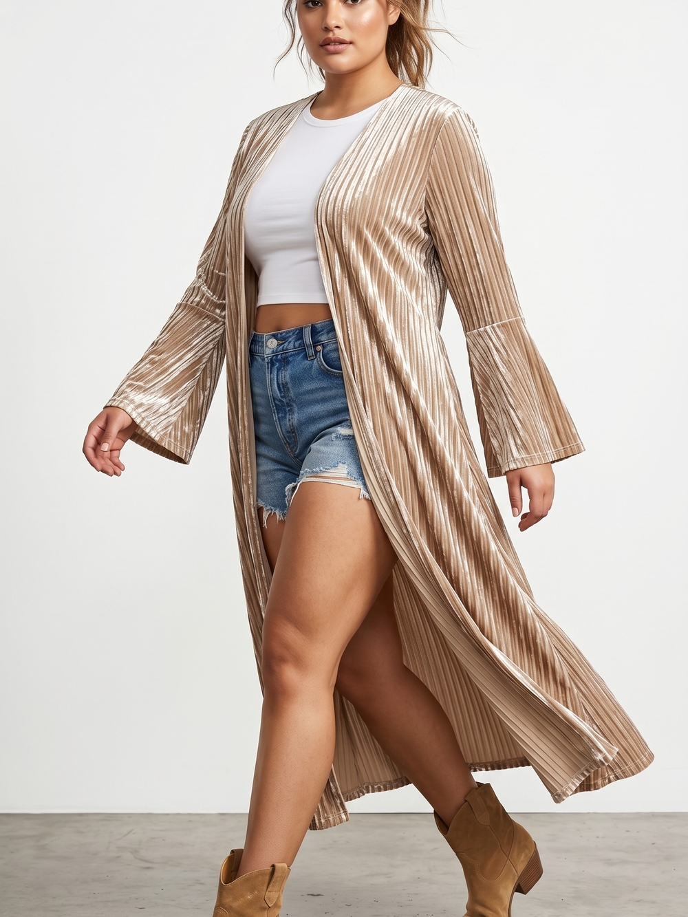 Boho Origami by Vivien Champagne Pleated Velvet Open Duster Cardigan - Size S/M